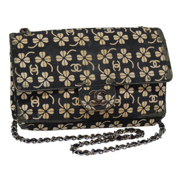 Top Quality Chanel Clover Turn Lock Chain Shoulder Bag Canvas Black Silver CC Auth bs16983