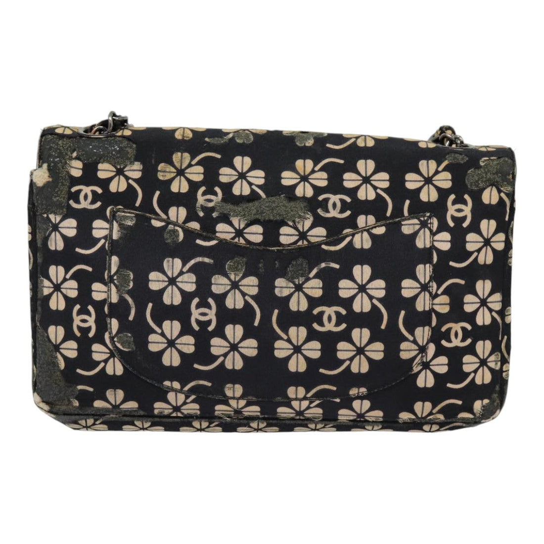 Chanel Clover Turn Lock Chain Shoulder Bag Canvas Black Silver CC Auth bs