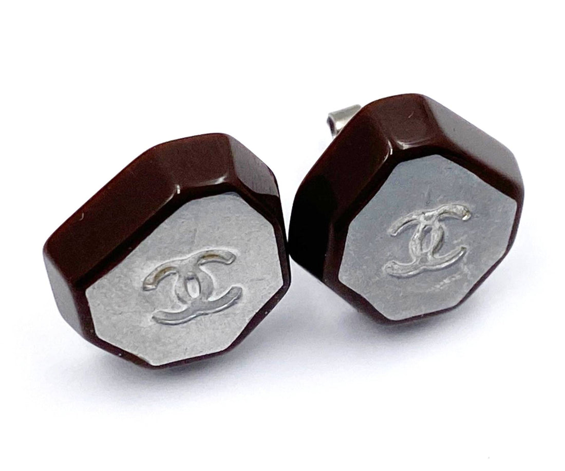 Top Quality Chanel Burgundy Silver CC Piercing Earrings