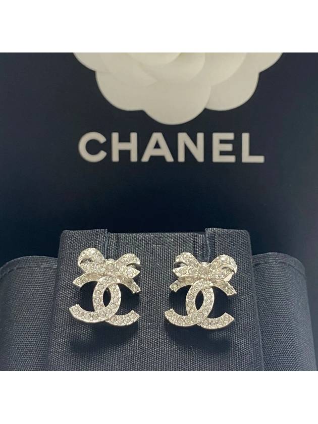 CC Logo Ribbon Metal Diamantes Crystal Earrings Silver Chanel