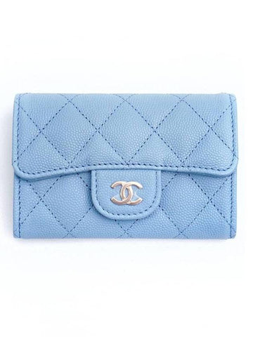 Classic Grained Shiny Calfskin Card Wallet  Blue Chanel