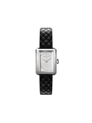Boyfriend CalBNkin Quilted Pattern Strap Small Watch Silver Black Chanel