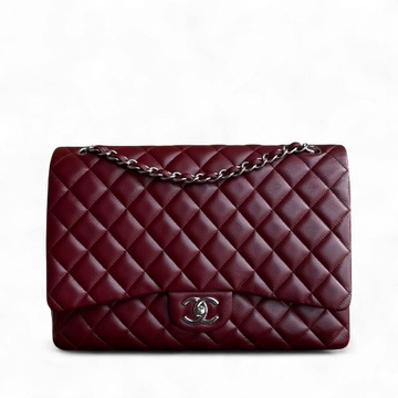 Chanel Classic Flap Maxi - Togo/epsom/caviar/clemence/callfskin/cowhide/lambskin Double Flap 33CM Quilted Grained CalBNkin Burgundy Dark Red Silver Hardware Series 15