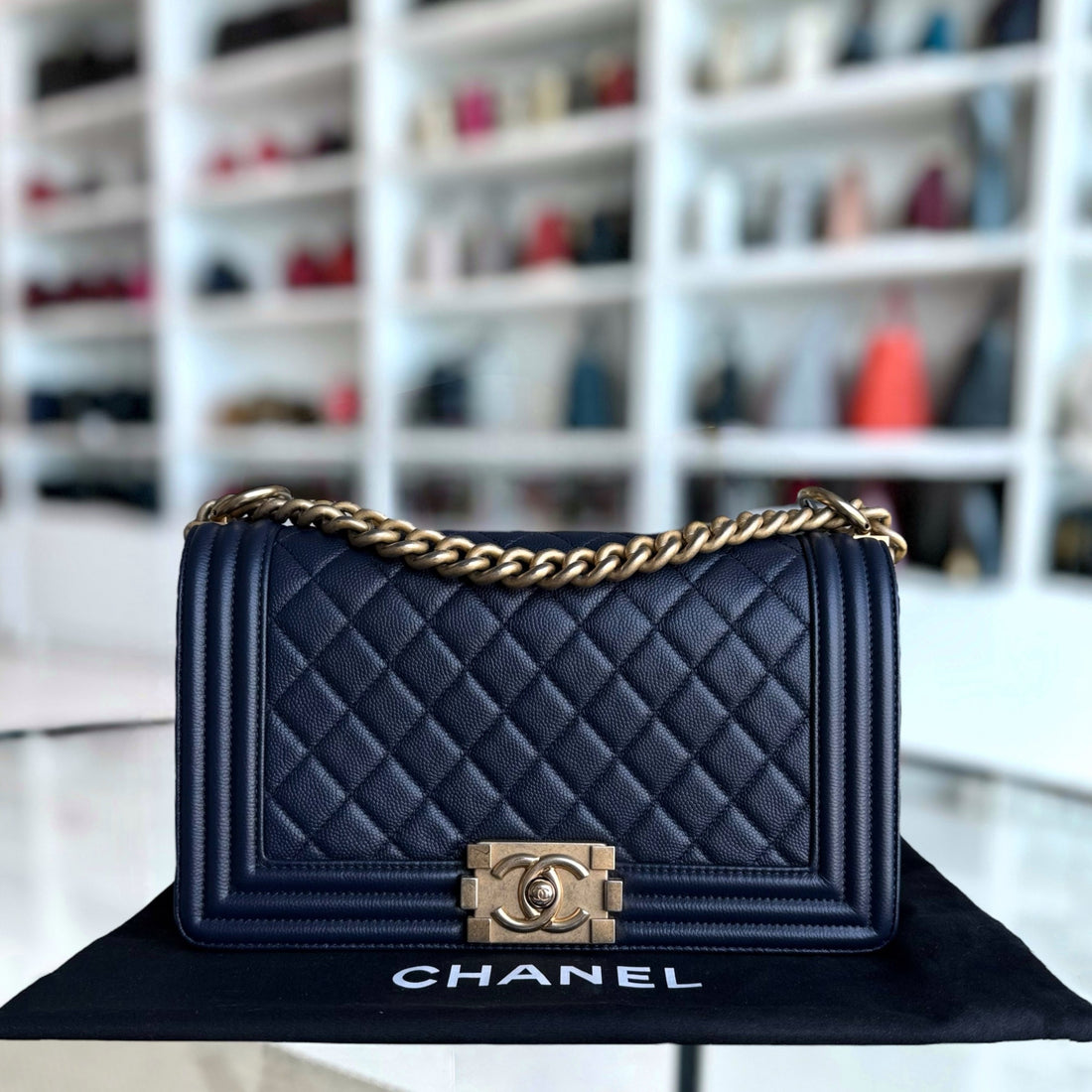 Chanel Boy Medium - Togo/epsom/caviar/clemence/callfskin/cowhide/lambskin 25CM Quilted Dark Navy Blue Gold Hardware Series 24