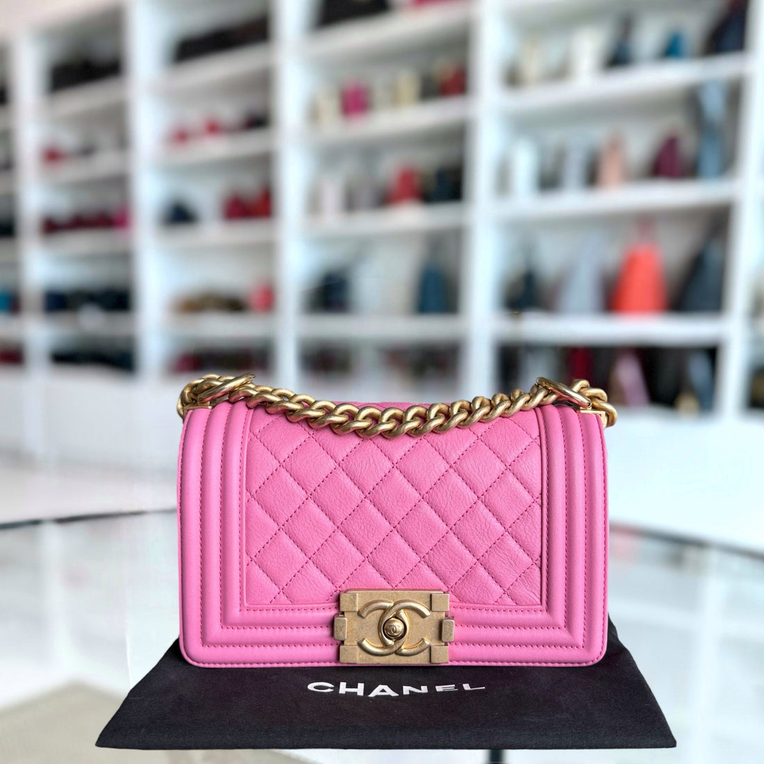 Chanel Boy Small - 20CM Quilted CalBNkin Pink Gold Hardware Series 26