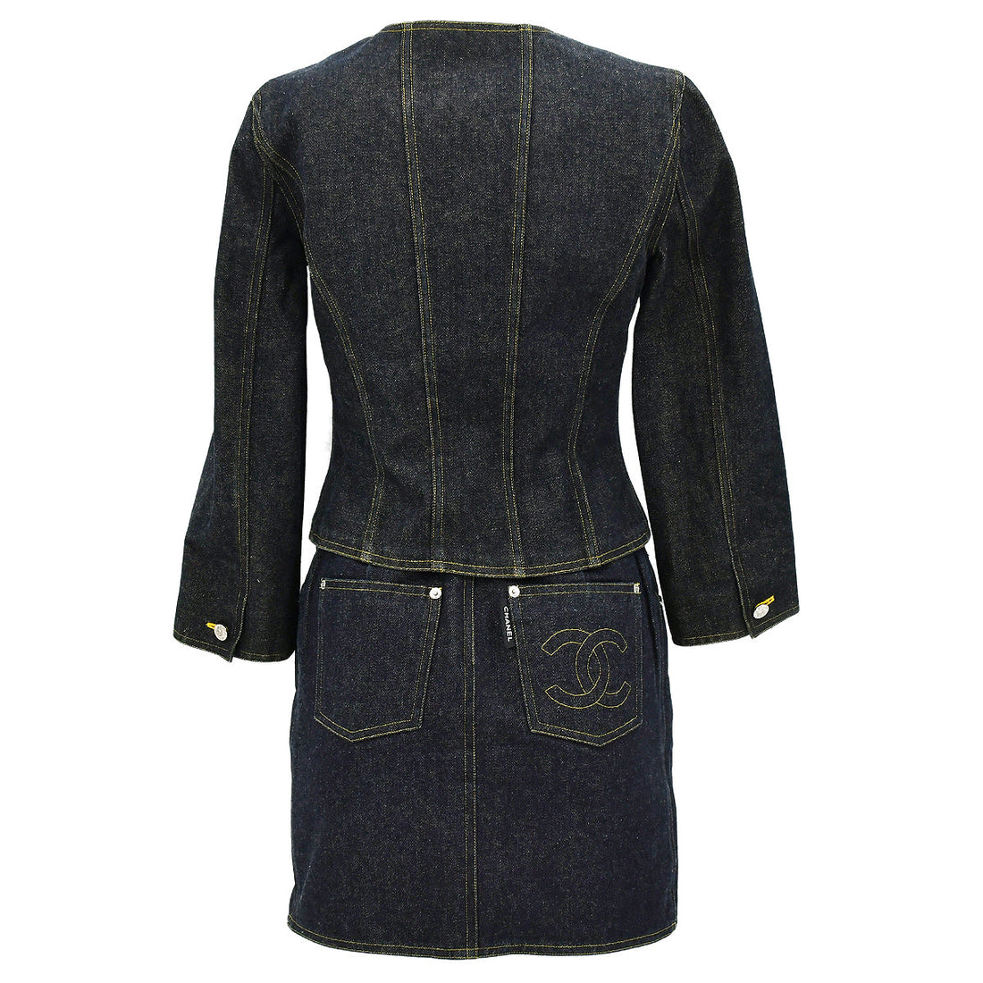 Chanel Spring 1996 Setup Suit Collarless Jacket Skirt Denim Indigo #38