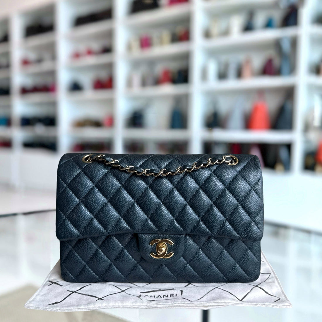 Chanel Classic Flap Medium - Togo/epsom/caviar/clemence/callfskin/cowhide/lambskin 25CM Quilted Iridescent Dark Blue Gold Hardware Series 25