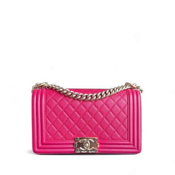 Chanel Boy Medium - Togo/epsom/caviar/clemence/callfskin/cowhide/lambskin 25CM Quilted Grained CalBNkin Hot Pink Gold Hardware Series 23