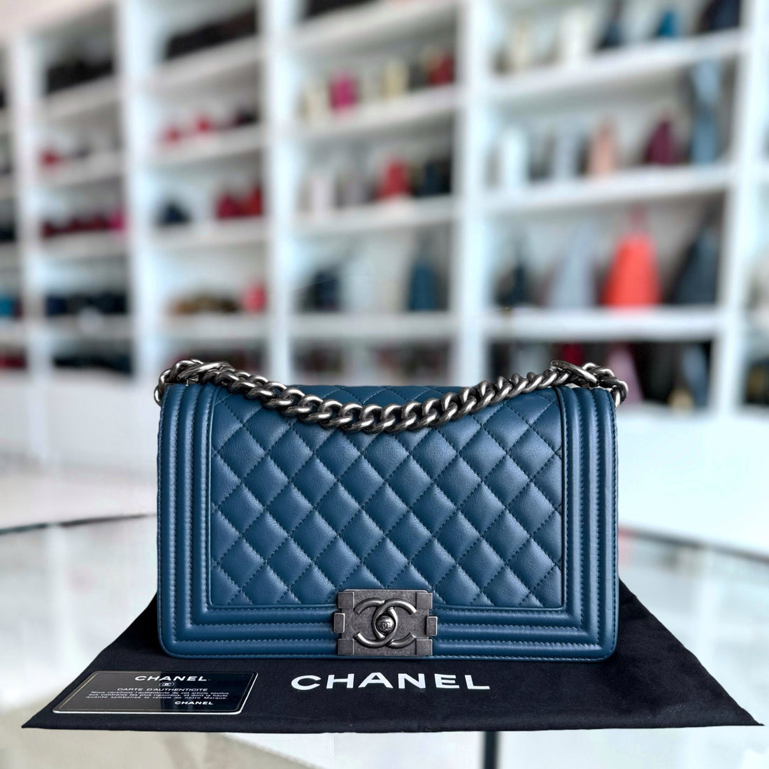 Chanel Boy Medium - CalBNkin 25CM Quilted Blue Ruthenium Silver Hardware Series 26