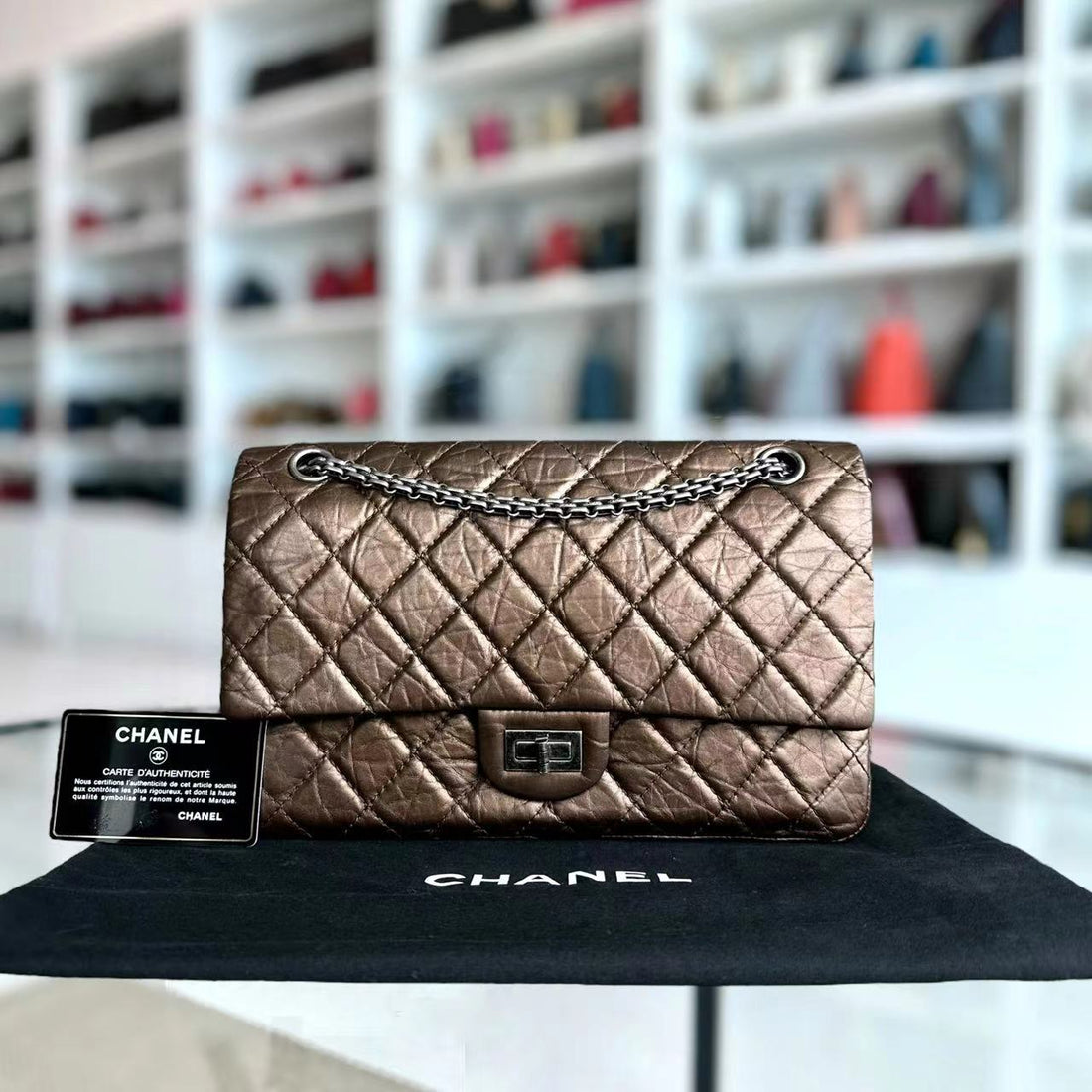 Chanel 2.55 226 Medium 28CM Quilted CalBNkin Metallic Brown Bronze Silver Hardware Series 12