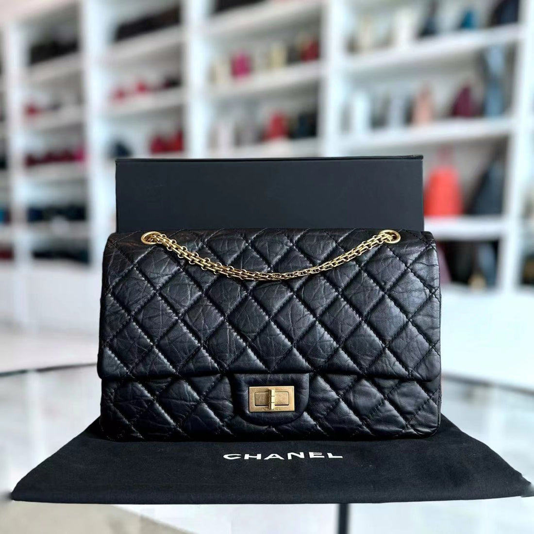 2.55 227 Large 31CM Quilted CalBNkin Black Golden Hardware