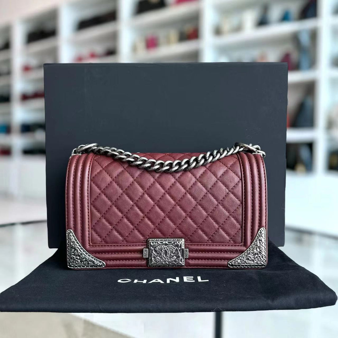 Boy Limited Edition Old Medium Quilted Grained CalBNkin With Metal Edegs Burgundy Leboy RSHW No 19