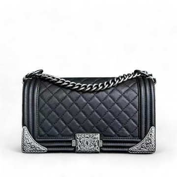 Chanel Boy Medium - 25CM Paris-Dallas Metal Edge Grained CalBNkin Black Silver Hardware Series 19