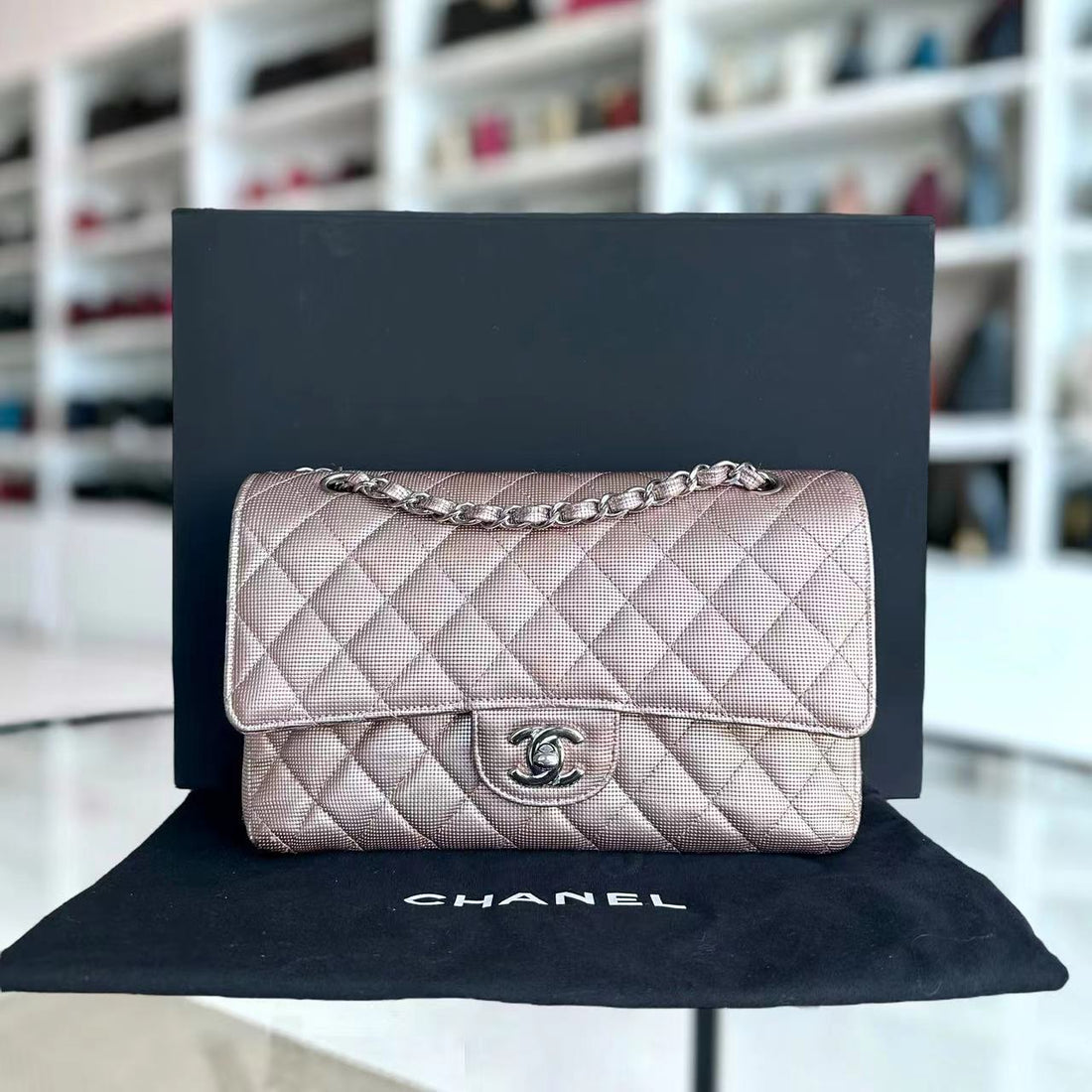 Chanel CalBNkin Classic Flap Double Flap Metallic Pixelated Pixel Limited Edition Pink Silver Hardware No 21