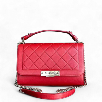 Chanel Medium Label Click Flap Quilted Grained CalBNkin Red Golden Hardware Series 24