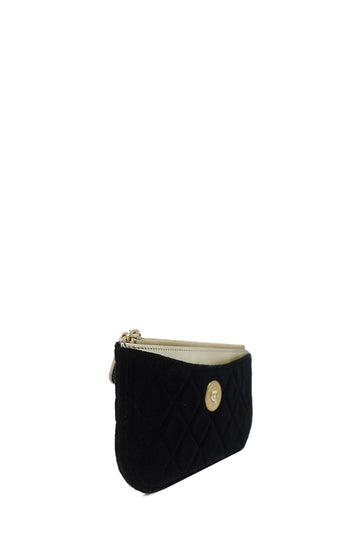 Small CC Button Zip Pouch Quilted Velvet Black