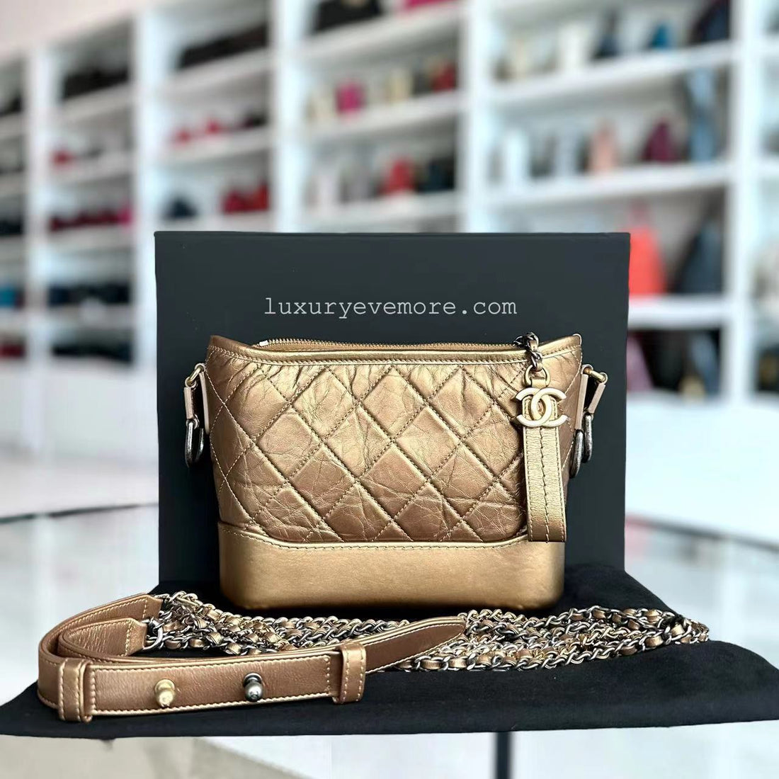 Chanel Gabrielle Small - Quilted CalBNkin Bronze Gold Two-Tone Hardware Series 23