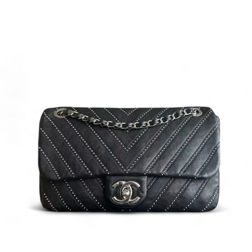 Chanel Seasonal Flap - Studded 25CM Chevron CalBNkin Black Silver Hardware Series 24