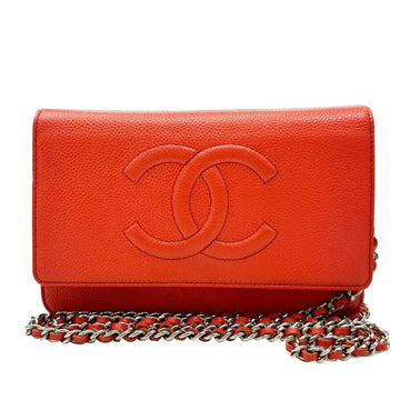 Orange Leather Chanel Wallet On Chain