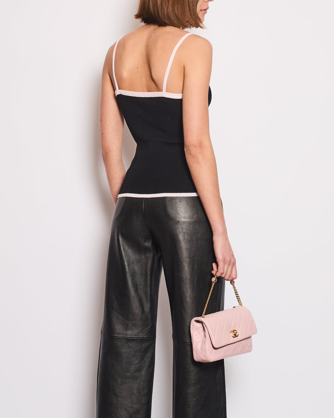 Chanel Black Tank Top with Pink Crystal CC Logo Straps and Bow Detail