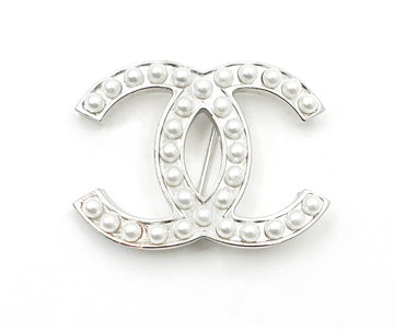 Chanel Classic Silver CC Pearl Brooch