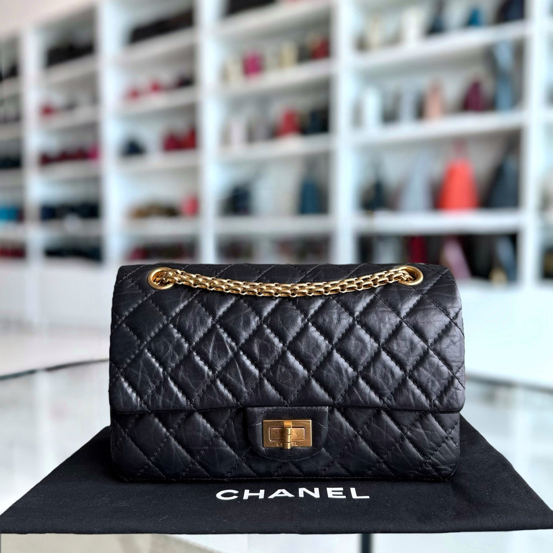 Chanel 2.55 Reissue 255 - 24CM Small Quilted Aged CalBNkin Black Aged Gold Hardware Series 19
