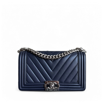 Chanel Boy Medium - 25CM Quilted CalBNkin Dark Blue Silver Hardware Series 22
