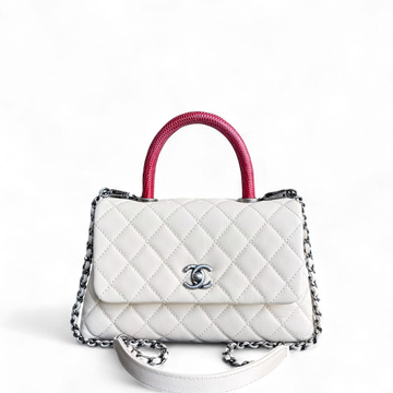 Chanel Coco Handle Small - Togo/epsom/caviar/clemence/callfskin/cowhide/lambskin Quilted Grained CalBNkin White Ruthenium Silver Hardware