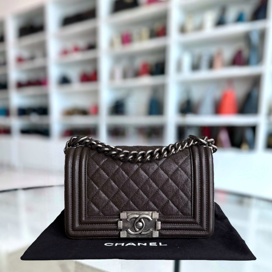 Chanel Boy Small - Togo/epsom/caviar/clemence/callfskin/cowhide/lambskin 20CM Quilted Dark Brown Ruthenium Silver Hardware Series 26