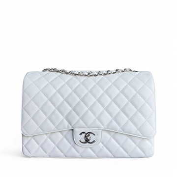 Chanel Classic Flap Maxi - Togo/epsom/caviar/clemence/callfskin/cowhide/lambskin Double Flap 33CM Quilted White Silver Hardware Series 14