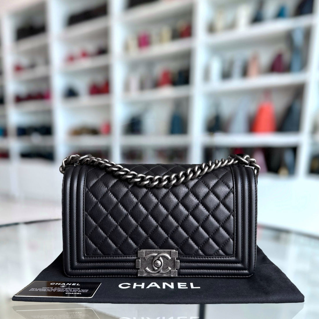 Chanel Boy Medium - 25CM Quilted CalBNkin Black Ruthenium Silver Hardware Series 19