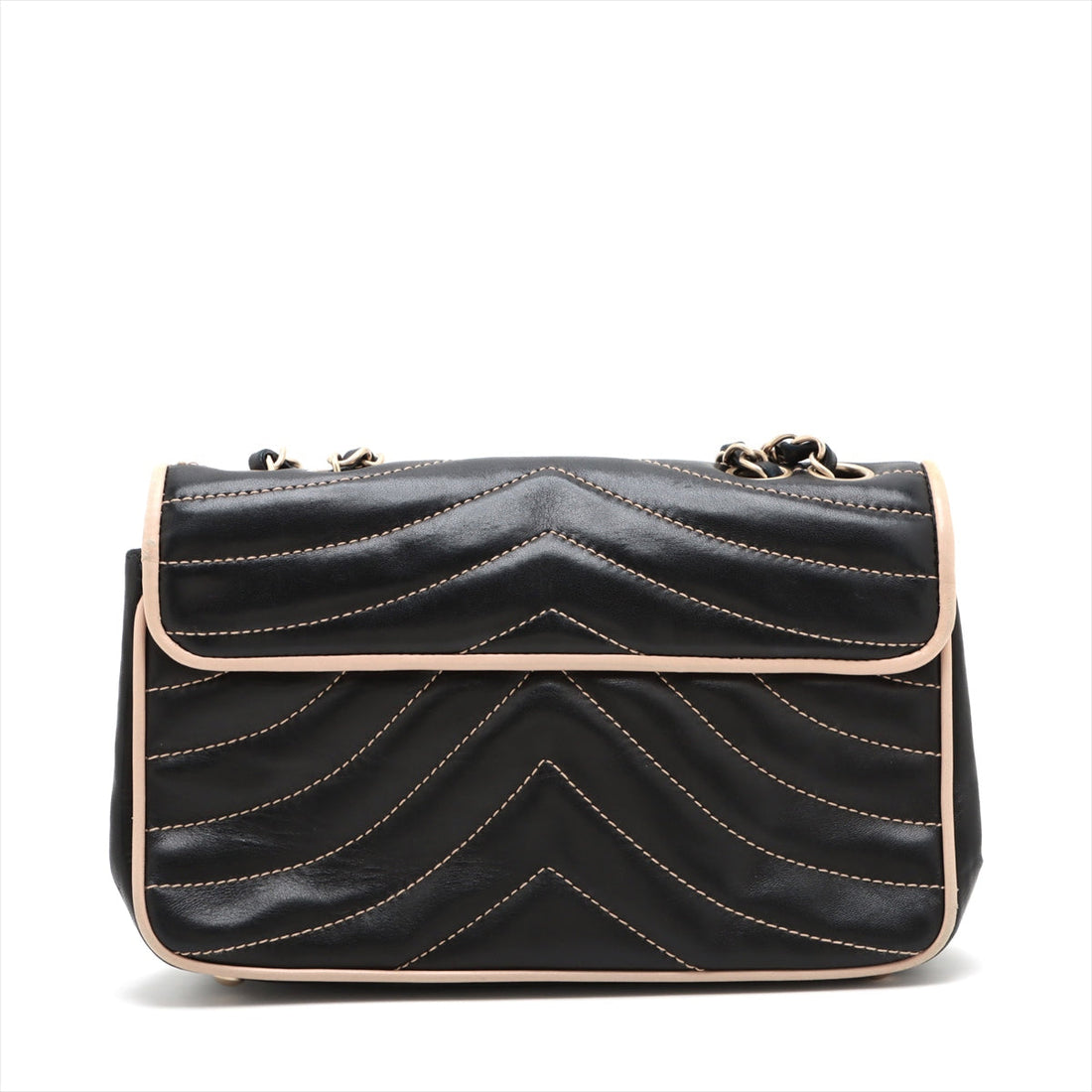 Chanel Chevron  Single Flap Double Chain Bag Black Gold  8th