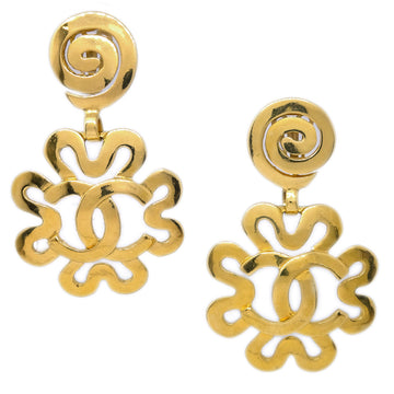 Chanel Flower Dangle Earrings Clip-On Gold 95P