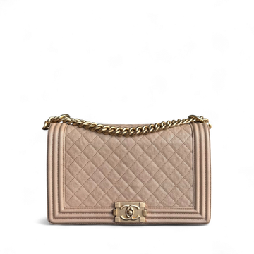 Chanel Boy New Medium - Togo/epsom/caviar/clemence/callfskin/cowhide/lambskin 28CM Quilted Beige Grained CalBNkin Gold Hardware Series 28