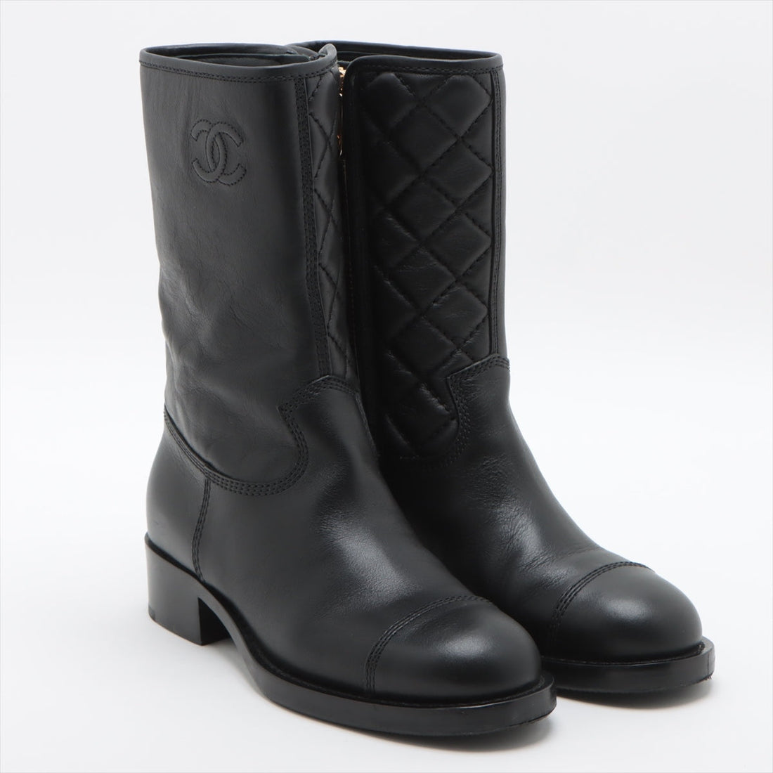 Chanel Coco Leather Short Boots 36C  Black G36707 Matrasse Side Zip