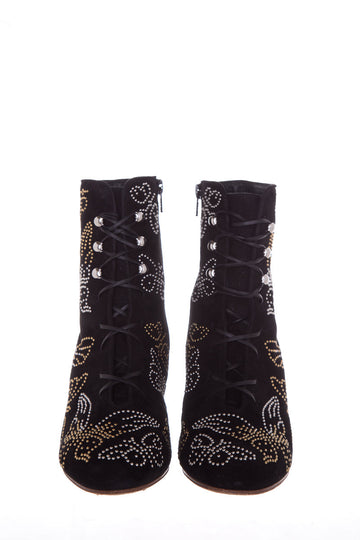 Valentino Black Butterfly Studded Suede Booties SZ 38