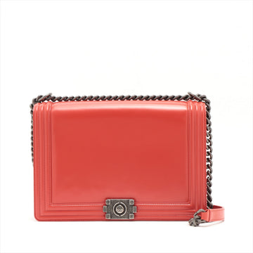 Chanel Boy  Chanel Leather Chain Shoulder Bag Red Silver Gold