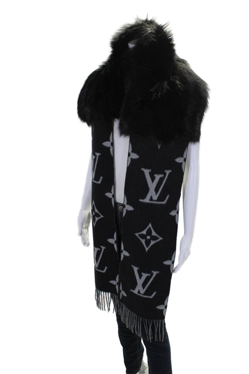 Louis Vuitton Womens Cashmere Monogram Fringe Fox Fur Scar Gray Black 60"x9"