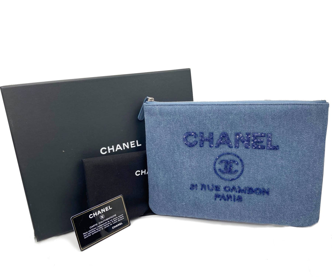 Top Quality Chanel Brand New Deauville Blue Denim Sequin Large Clutch