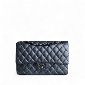 Chanel Classic Flap Medium - Togo/epsom/caviar/clemence/callfskin/cowhide/lambskin 25CM Quilted Grained CalBNkin Iridescent Charcoal Dark Grey Gray Ruthenium Silver Hardware Series 20