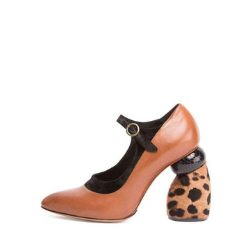 Camel Leopard Leather Mary Jane Shoes