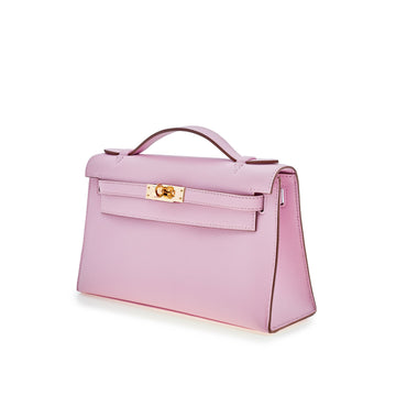 Hermes Kelly Pochette Mauve Sylvestre Leather Rose Gold Hardware