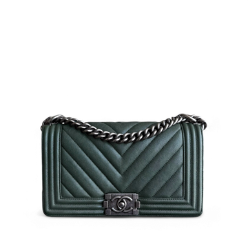 Chanel Boy Medium - Togo/epsom/caviar/clemence/callfskin/cowhide/lambskin 25CM Chevron Dark Green Ruthenium Silver Hardware Series 26