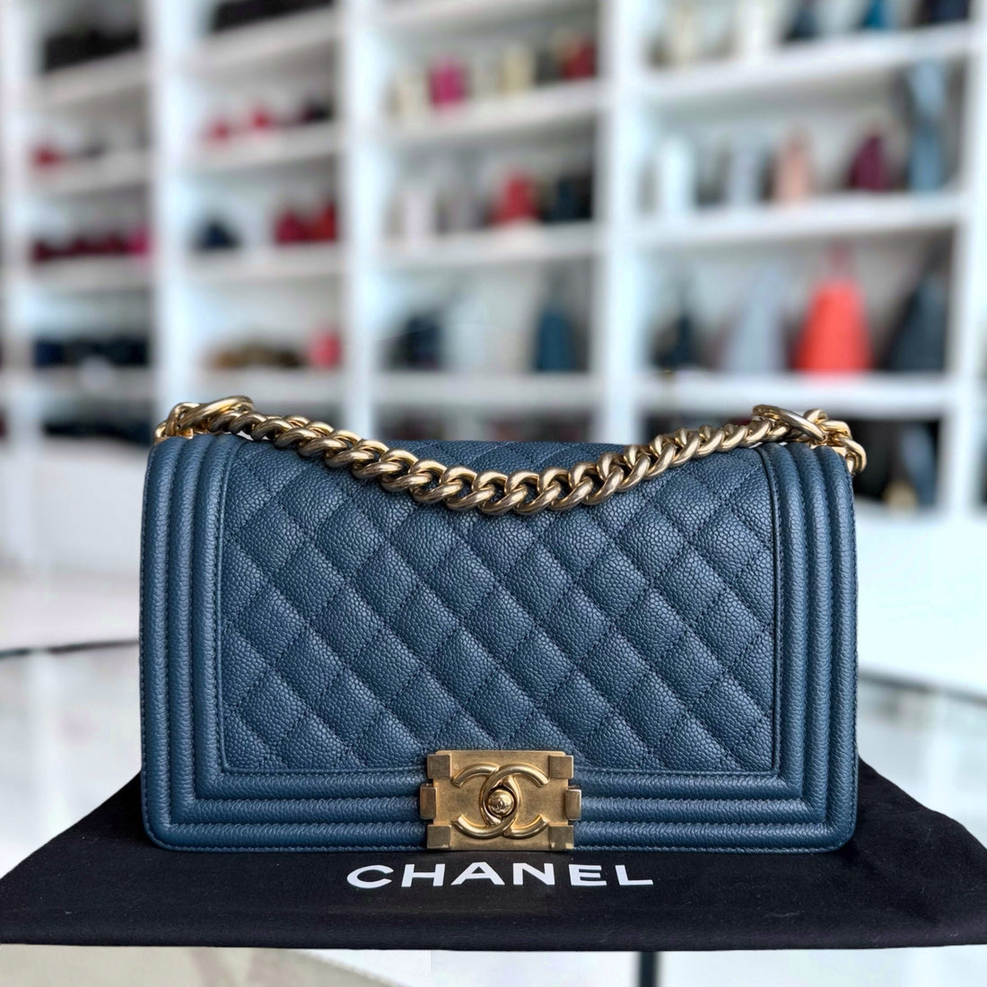 Chanel Boy Medium - Togo/epsom/caviar/clemence/callfskin/cowhide/lambskin 25CM Quilted Blue Gold Hardware Series 23
