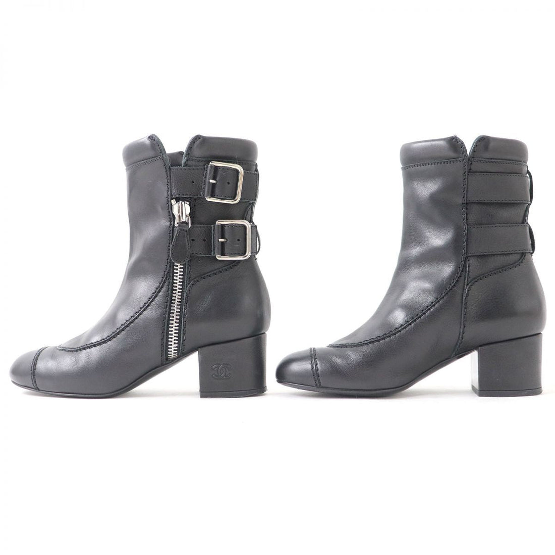Chanel Leather COCO Mark Strap Zip Boots Black