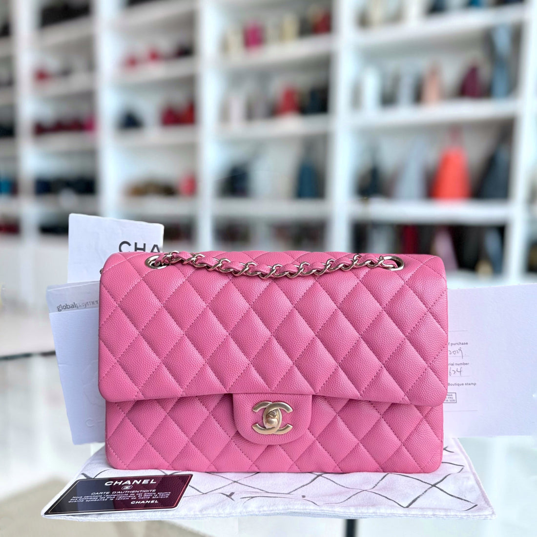 Chanel Classic Flap Medium - Togo/epsom/caviar/clemence/callfskin/cowhide/lambskin 25CM Quilted Grained CalBNkin Pink Gold Hardware Series 28