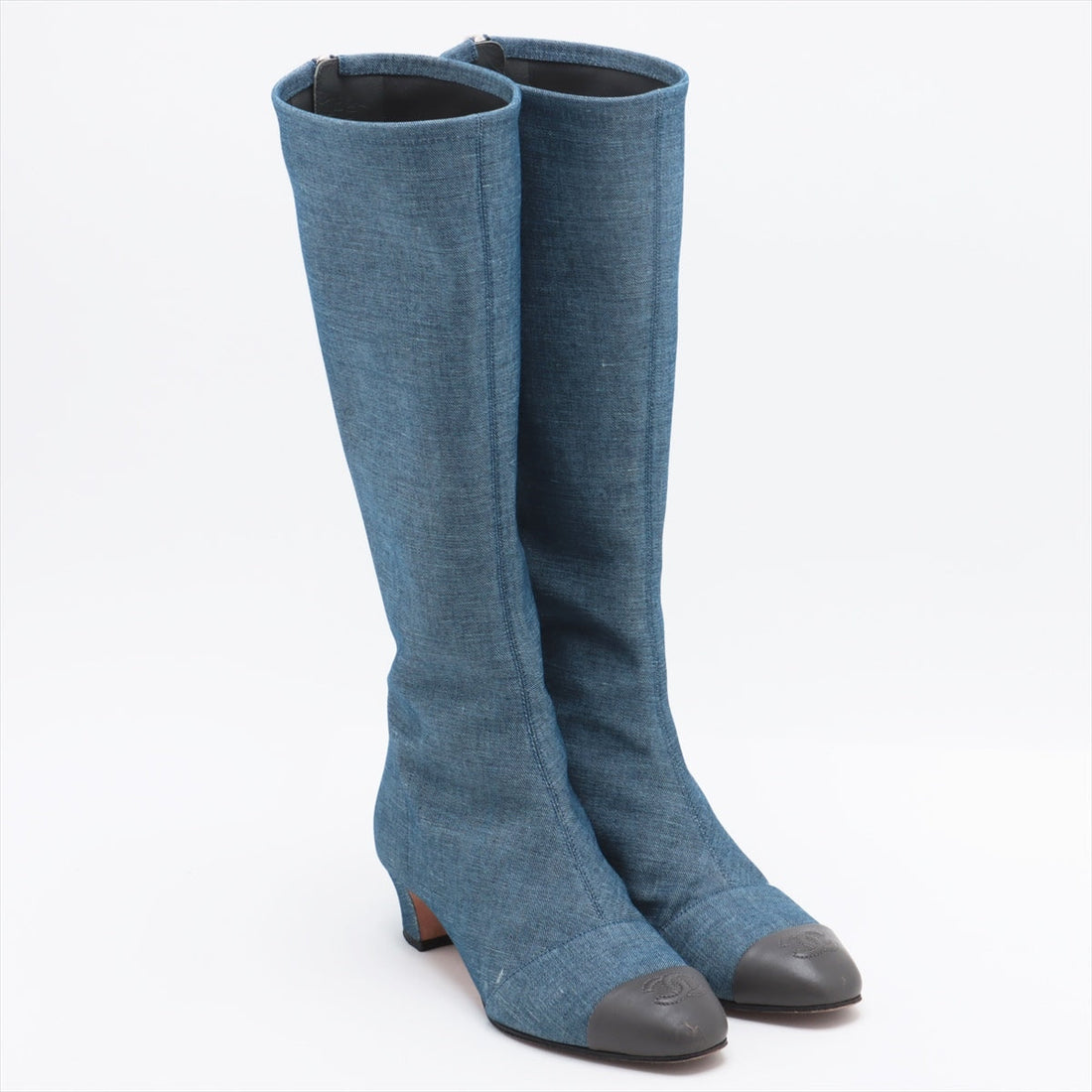 Chanel Coco Denim x Leather Long Boots 36C  Navy Fingerprint Part Yablet