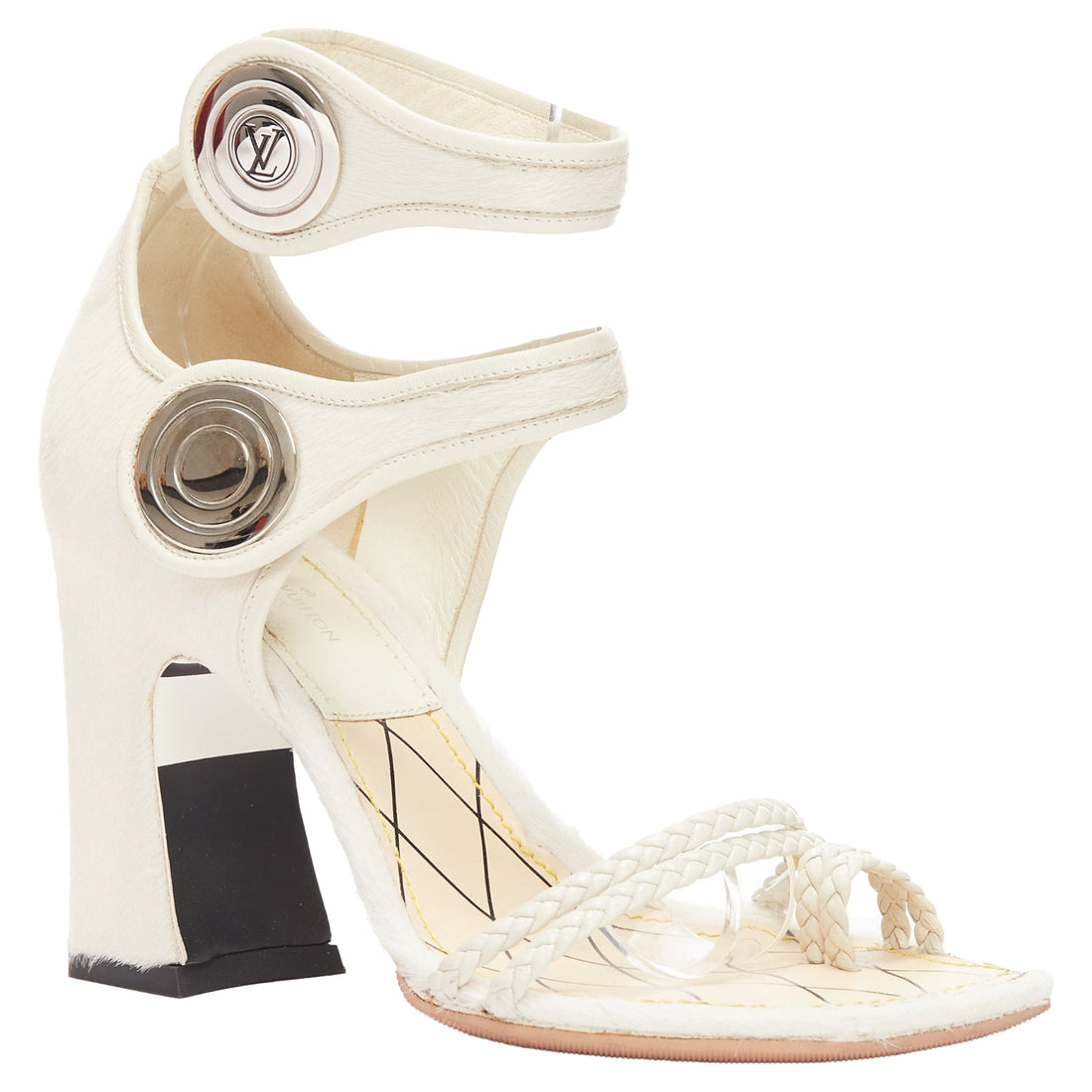 Louis Vuitton Anaconda calf hair silver button braided chunky heel