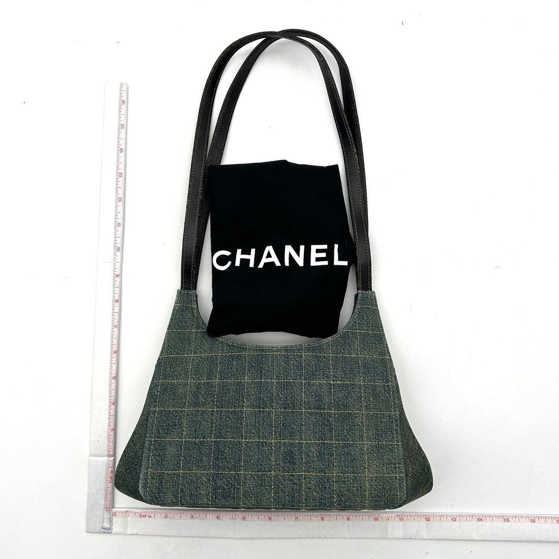 Pre-owned Chanel Denim Leather Shoulder Bag Green Medium LA18337