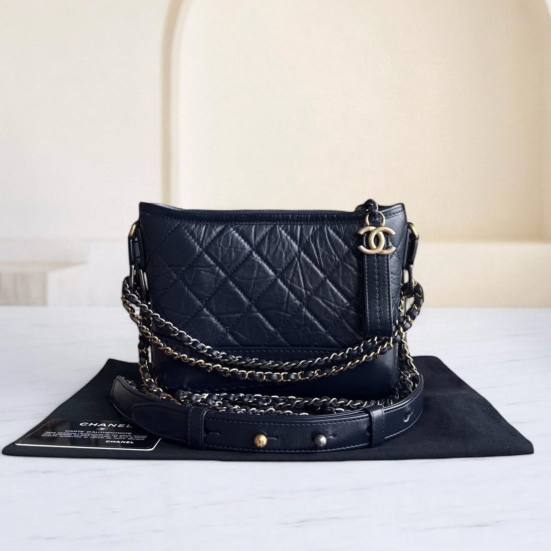 Chanel Gabrielle Small - Quilted CalBNkin Dark Navy Blue Two-tone Gold Hardware Series 28
